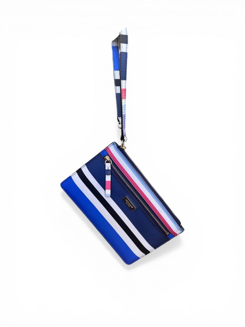 Kate Spade Striped Saffiano Leather Wristlet Blue Multi Zip Pouch Clutch NWOT